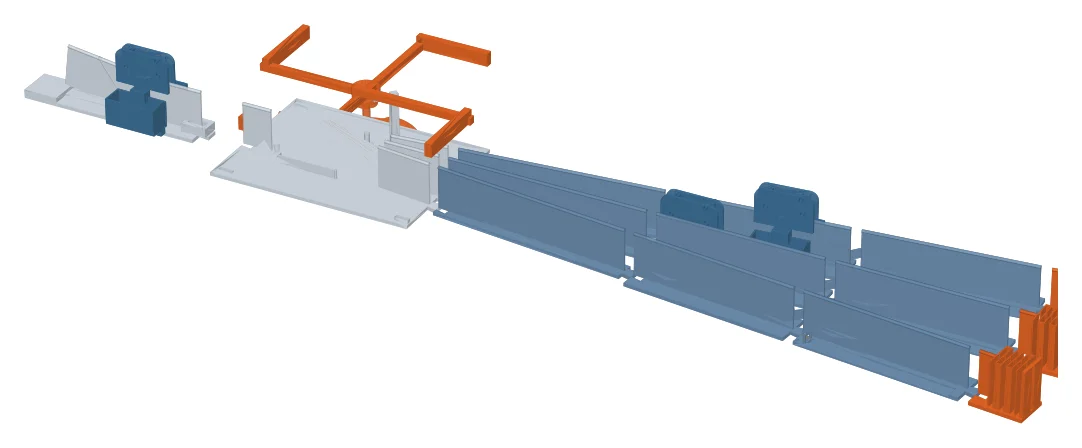 Render of the 1:50 printed parts laid out in a line: start gates with pods, the handover ramp and turnout with its star and cam, and three long bays with brake combs, chain beds and bumpers.