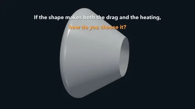 A still from the AETHER film: the capsule render with the question, if the shape makes both the drag and the heating, how do you choose it