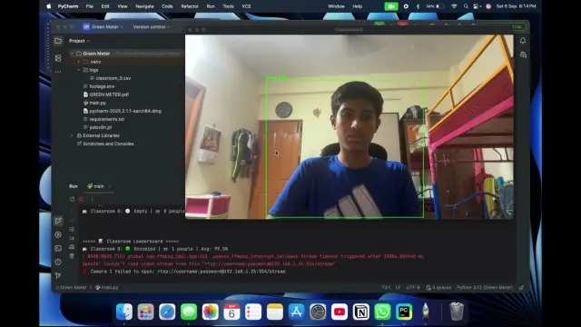 Adithya at a laptop running the YOLOv8 detection window