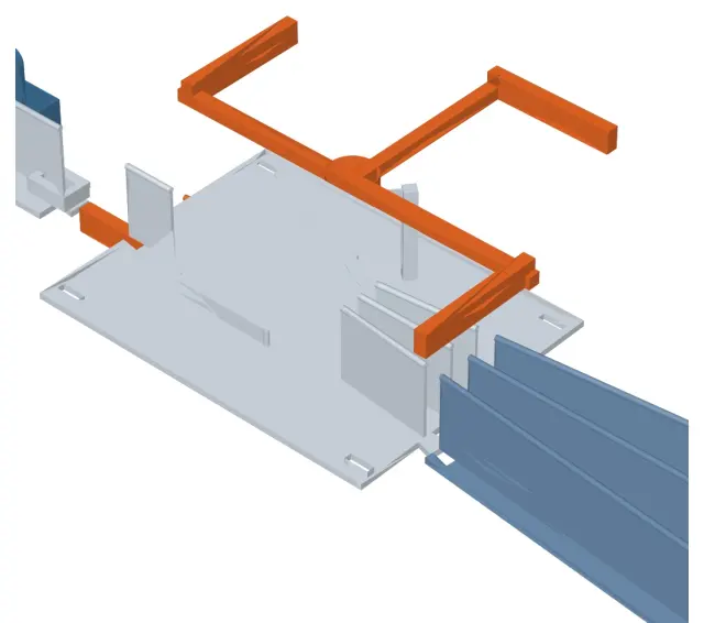 Render of the printed turnout plate with the self-indexing star and three bay rails fanning out